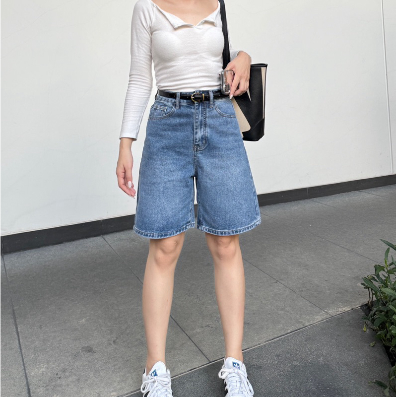 กางเกงยีนส์ขาสามส่วนเอวสูง candyjeans