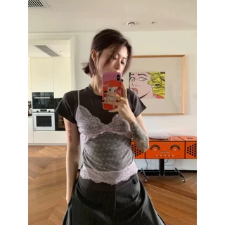 Cicishop(J1291)เสื้อยืดผ้าเรยอนคอกลม แต่งสายเดี่ยวลูกไม้เย็บติด แขนตัดใส่แล้วแขนเล็ก สไตล์น่ารัก