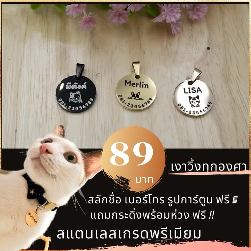 ป้ายชื่อแมว ป้ายชื่อสุนัขแมวสลักชื่อ สแตนเลสงานพรีเมียม ขนาดเหรียญ1฿