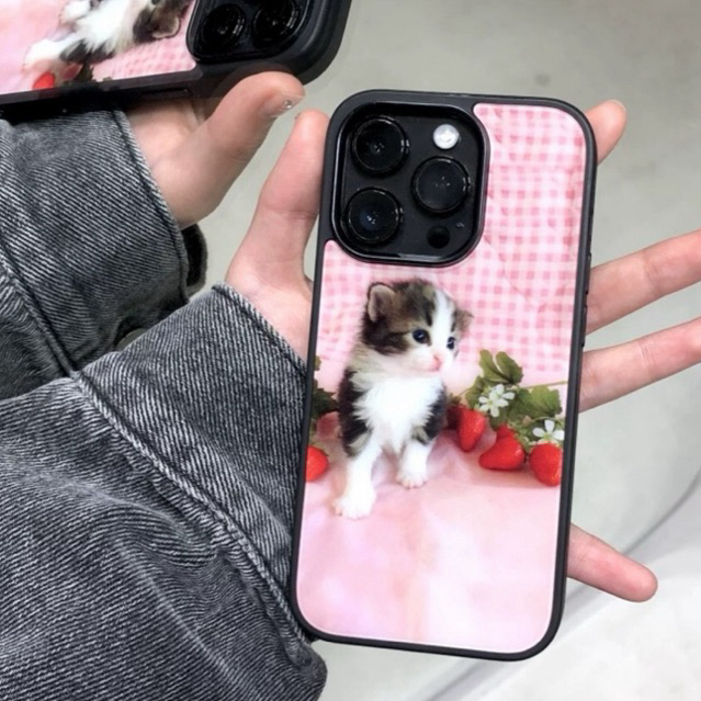 Kittycat and Puppy pink phone case เคสไอโฟนขอบดำลายน้องหมา น้องแมว