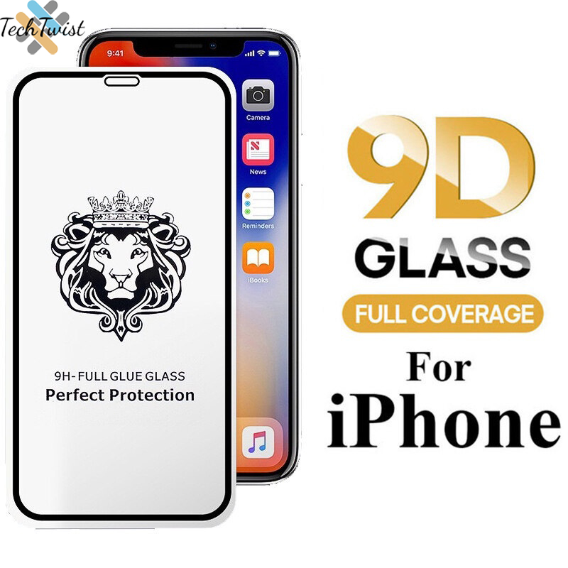 ฟิล์มกระจก 9H เต็มกาว หัวสิงโตใช้สำหรับ For iPhone 16 11 13 14 15 Pro Max XR 7 8 Plus X XS Max 12 Pro Max SE 14 16 Plus