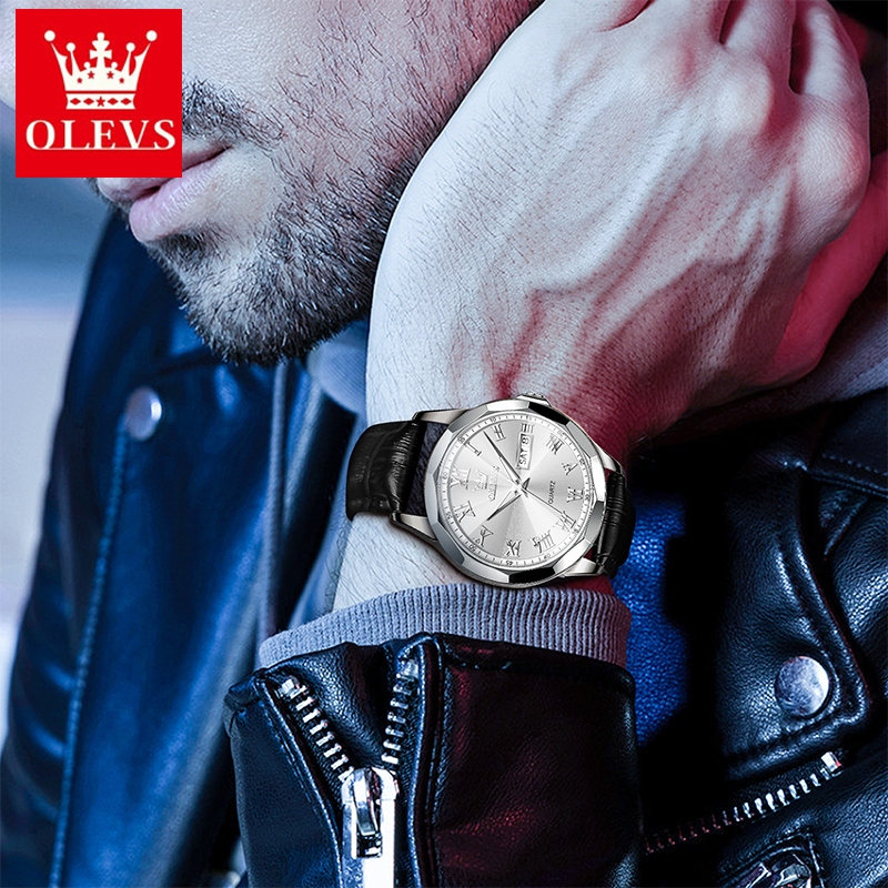 OLEVS นาฬิกาผู้ชาย กันน้ำ 100% แท้ ธุรกิจ กีฬา ปฏิทิน เรืองแสง สายหนังแท้ นาฬิกาข้อมือควอตซ์ ผู้ชาย