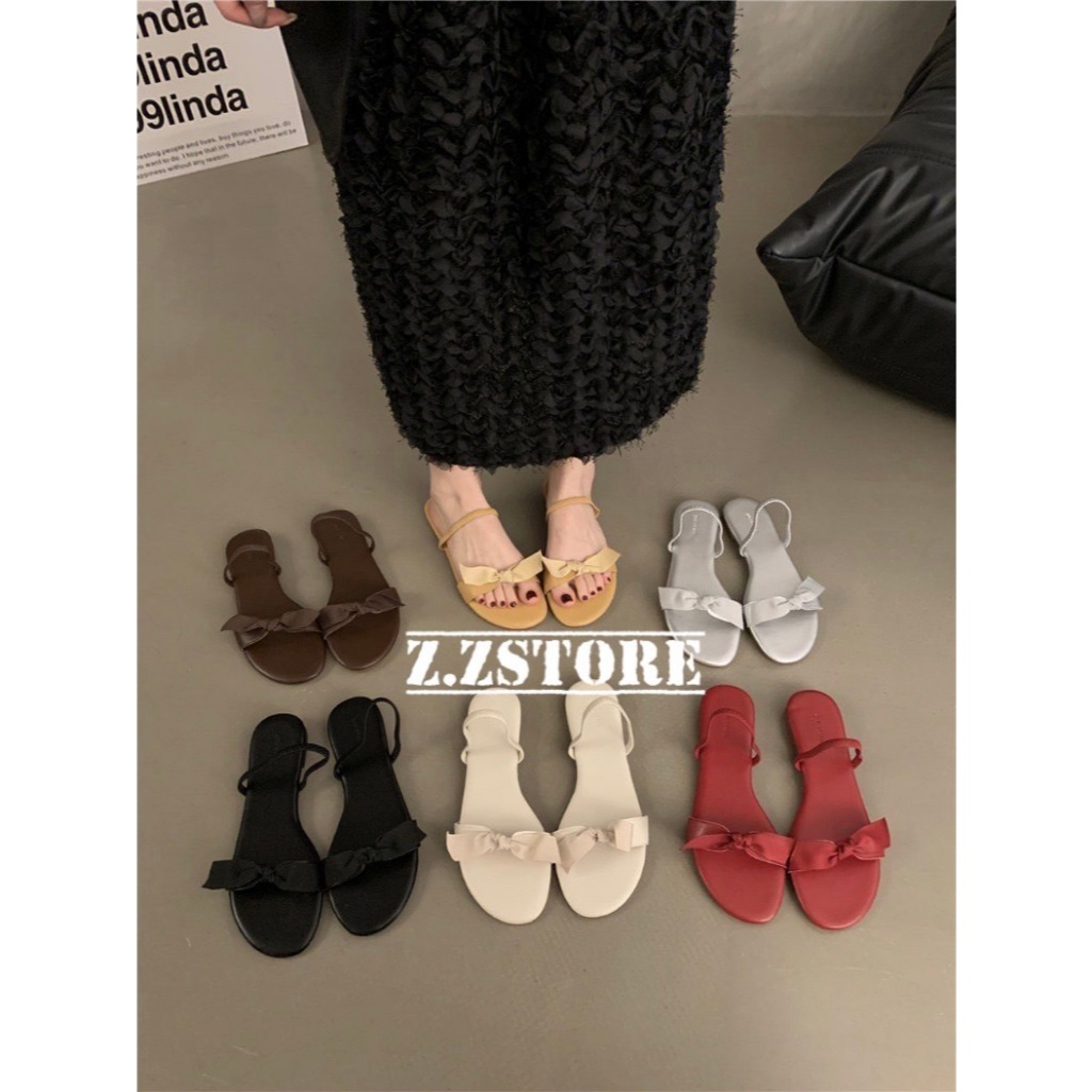 พร้อมส่งจากไทย【911】 รองเท้าแตะหนัง PUสายคล้องข้อเท้าแต่โบว์ใหญ่ฟิวสาวหวานวไตล์ตัวแม่