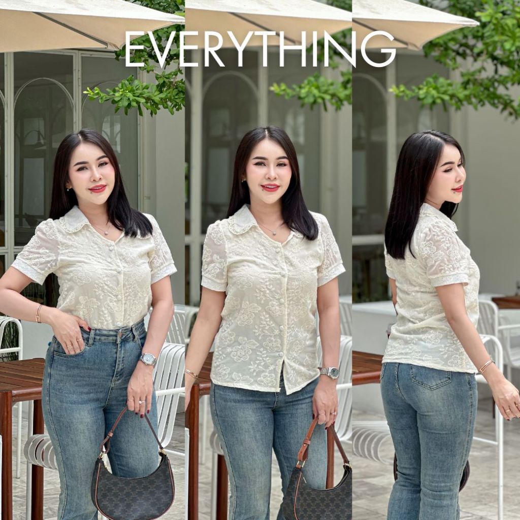 Everything2019 เสื้อผู้หญิงคอปกลูกไม้ แขนสั้น กระดุมปั๊ม งานลูกไม้ มีซับใน ใส่ทำงาน ใส่งานบุญ (6381) **อกเริ่มต้น 34**