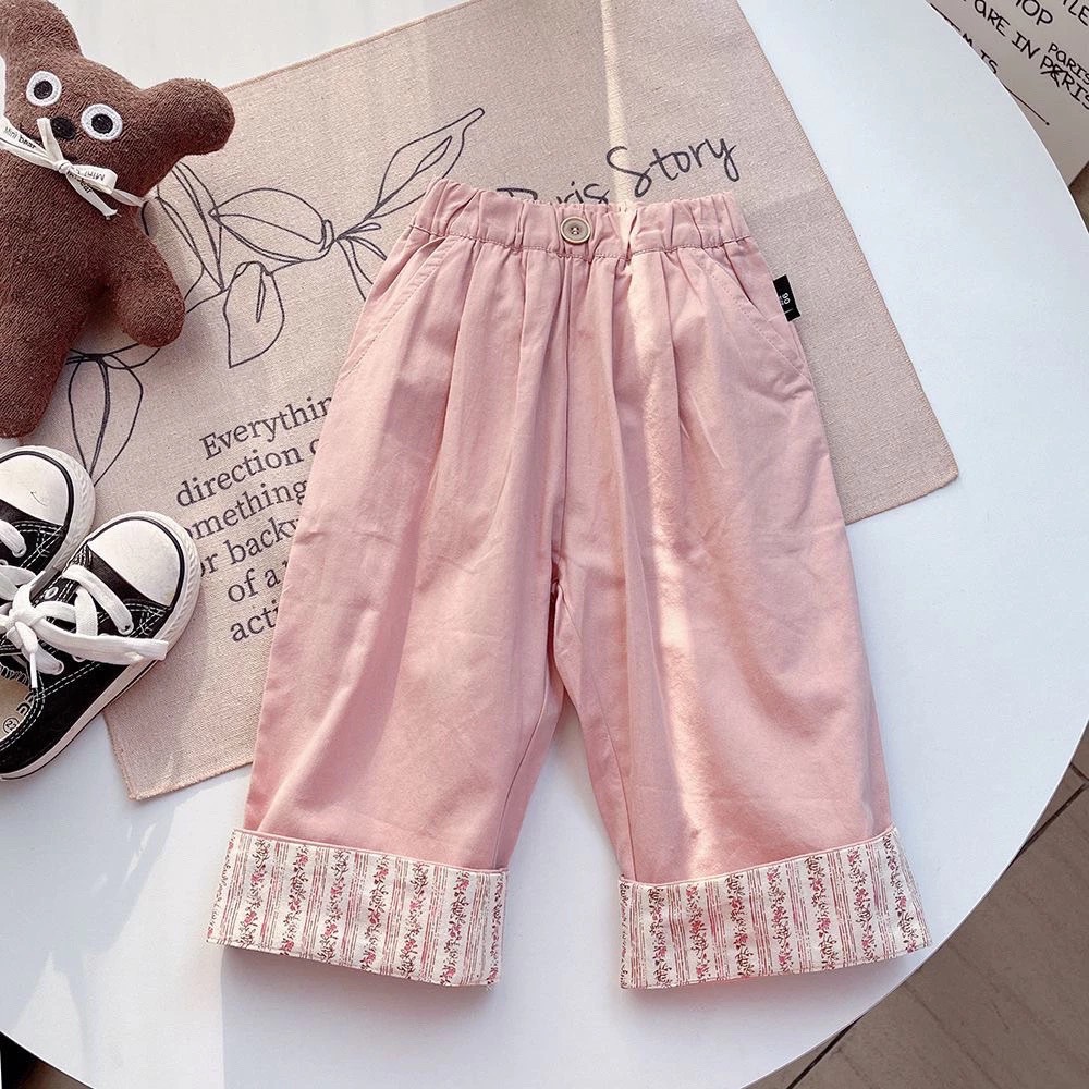Hania kids กางเกงสำหรับเด็กผู้หญิง กางเกงสามส่วน สีชมพู ขาดลายดอกไม้ที่ขากางเกง-กางเกง-K3111047