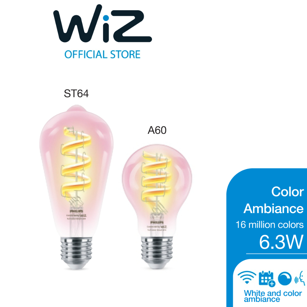 WiZ Smart LED Filament A60/ST64 6.3W E27 วิซหลอดโชว์เกลียวไส้อัจฉริยะ 16 ล้านสีทรง A60/ST64 6.3W ขั้ว E27 ดีไซน์คลาสสิค