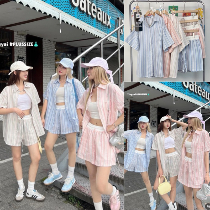 ชุดเซ็ท2ชิ้น เชิ้ตแขนสั้น+กางเกงขาสั้นขอบเอวสีขาว ผ้าฝ้ายลินินทอลายริ้ว ไซส์ใหญ่ สาวอวบYY