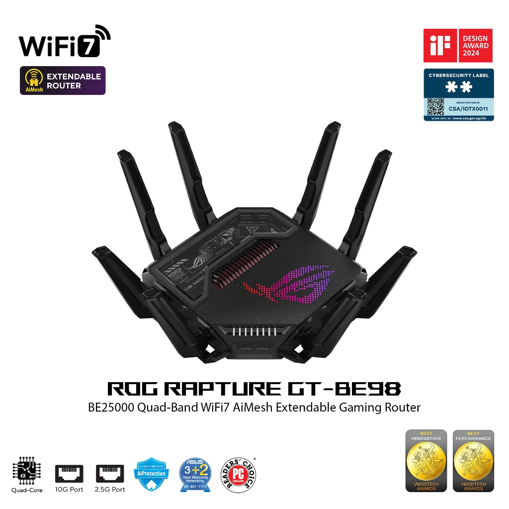ASUS ROG Rapture GT-BE98 Quad-band WiFi7 AiMesh Extendable Gaming Router, Dual 10G Ports, VPNs