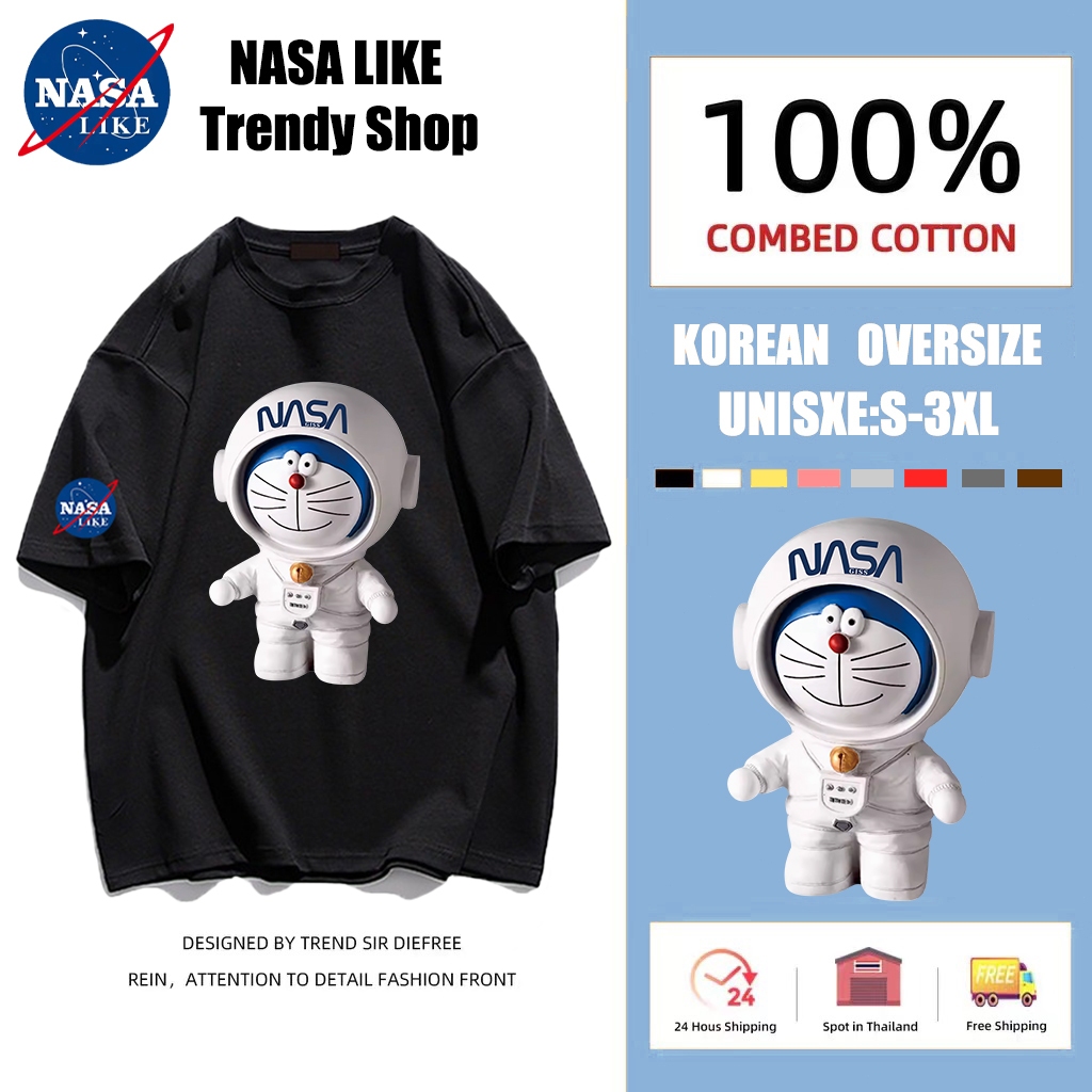 NASA LIKE จัดส่งตลอด 24 ชั่วโมง Oversize เสื้อยืดคอกลม แขนสั้น พิมพ์ลายการ์ตูนตลก สไตล์ญี่ปุ่นย้อนยุค 100% COTTON