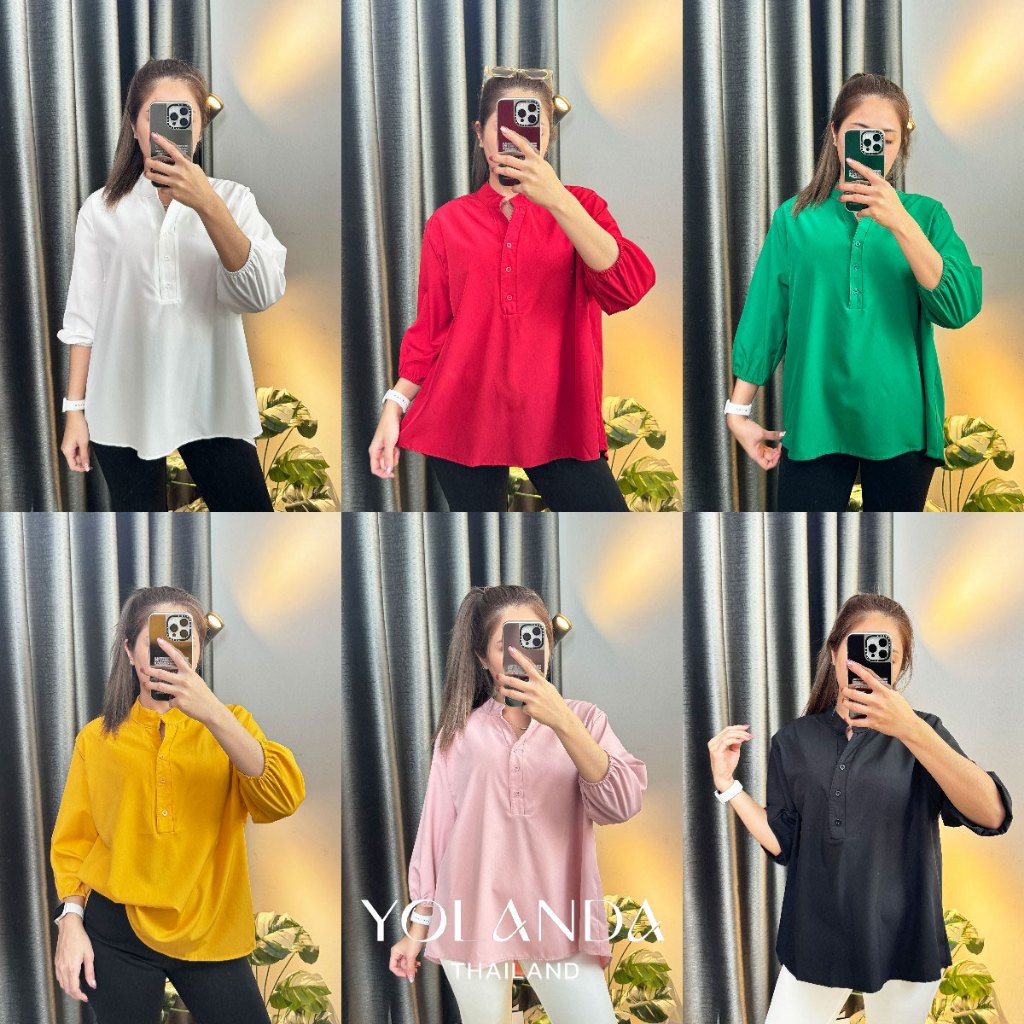 【SAT】Yolanda เสื้อเชิ้ตแฟชั่น คอจีน แขนยาว3/4 แต่งจั้มปลายแขน กระดุมจริง เชิ้ตสไตล์เกาหลี แฟชั่นผู้หญิง FF1007