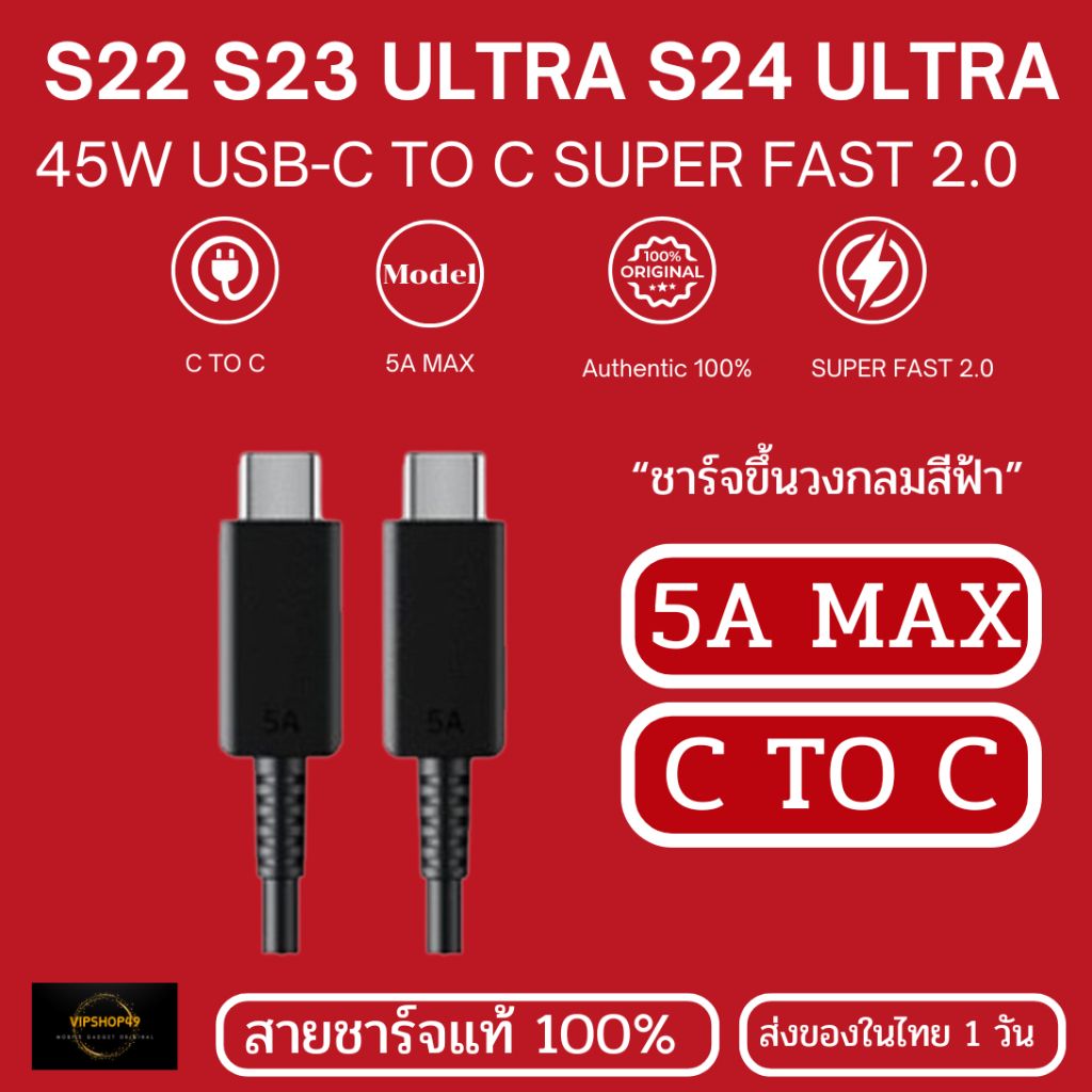 สายชาร์จเร็ว รองรับ Samsung 45W USB-C to USB-C 5A MAX SUPER FAST 2.0 วงกลมสีฟ้า S25 ULTRA S24 ULTRA