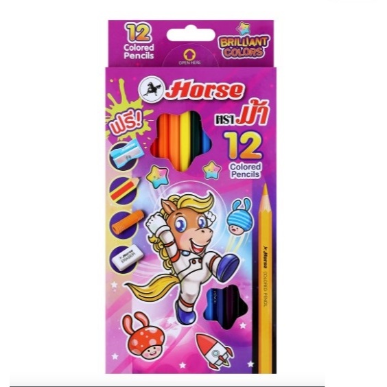 KTS (ศูนย์เครื่องเขียน) ดินสอสีไม้ ตราม้า 12 สี (สีไม้ยาว) คละลายหน้ากล่อง