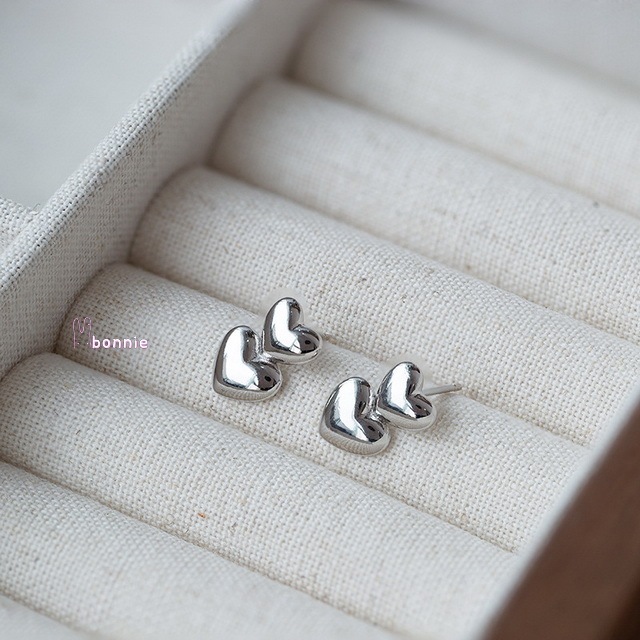 (B501)bonnie - heart-to-heart ต่างหู ตุ้มหู ต่างหูแฟชั่น สไตล์เกาหลี ก้านเงินแท้สำหรับคนแพ้ง่าย