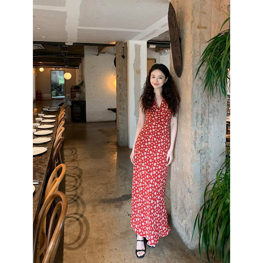 Mogwany พรี Belle Dress 2 สี น้ำเงิน,แดง เดรสยาวลายดอก ใส่เที่ยว,ใส่ออกงาน