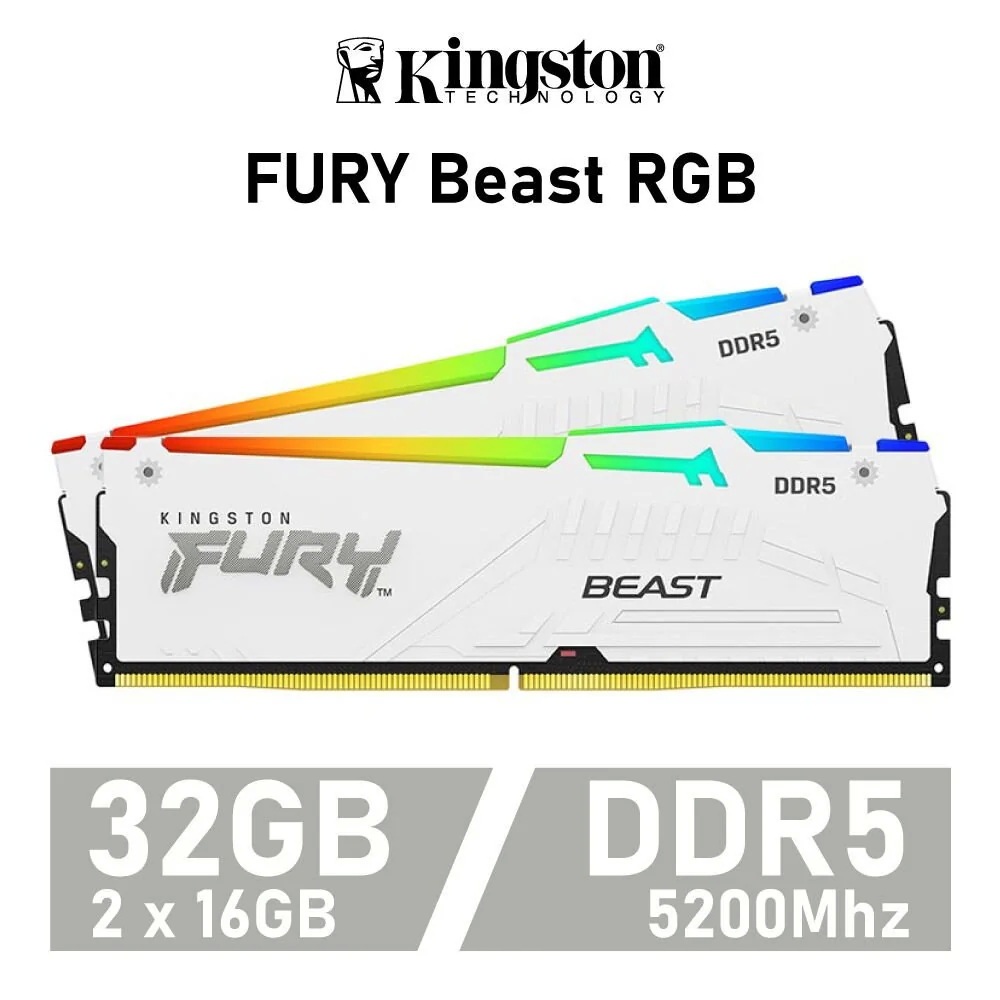 32GB (16GBx2) DDR5 5200MHz RAM (แรมพีซี) KINGSTON FURY BEAST DDR5 RGB (WHITE) (KF552C40BWAK2-32)