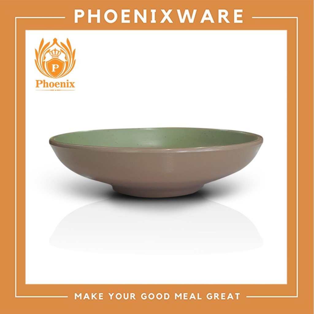 ชามตื้น 4.75 - 5.8 - 6.8 นิ้ว ทูโทน (น้ำตาล-เขียว) เมลามีน Phoenix AB211005BR-G AB211006R-G AB211007BR-G