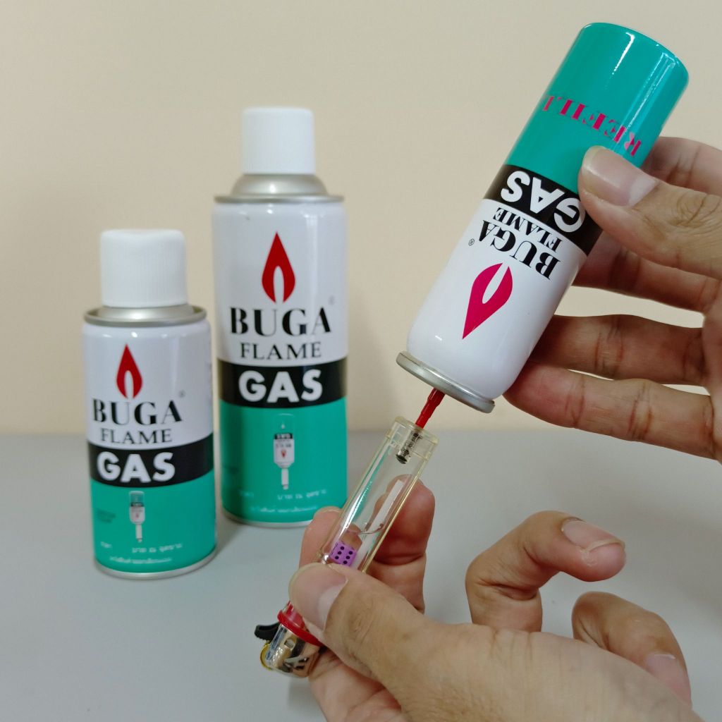แก๊สเติมไฟแช็ค Buga | กระป๋องเติมปืนจุดเตาแก๊ส ขนาด 50g, 130g, 300g