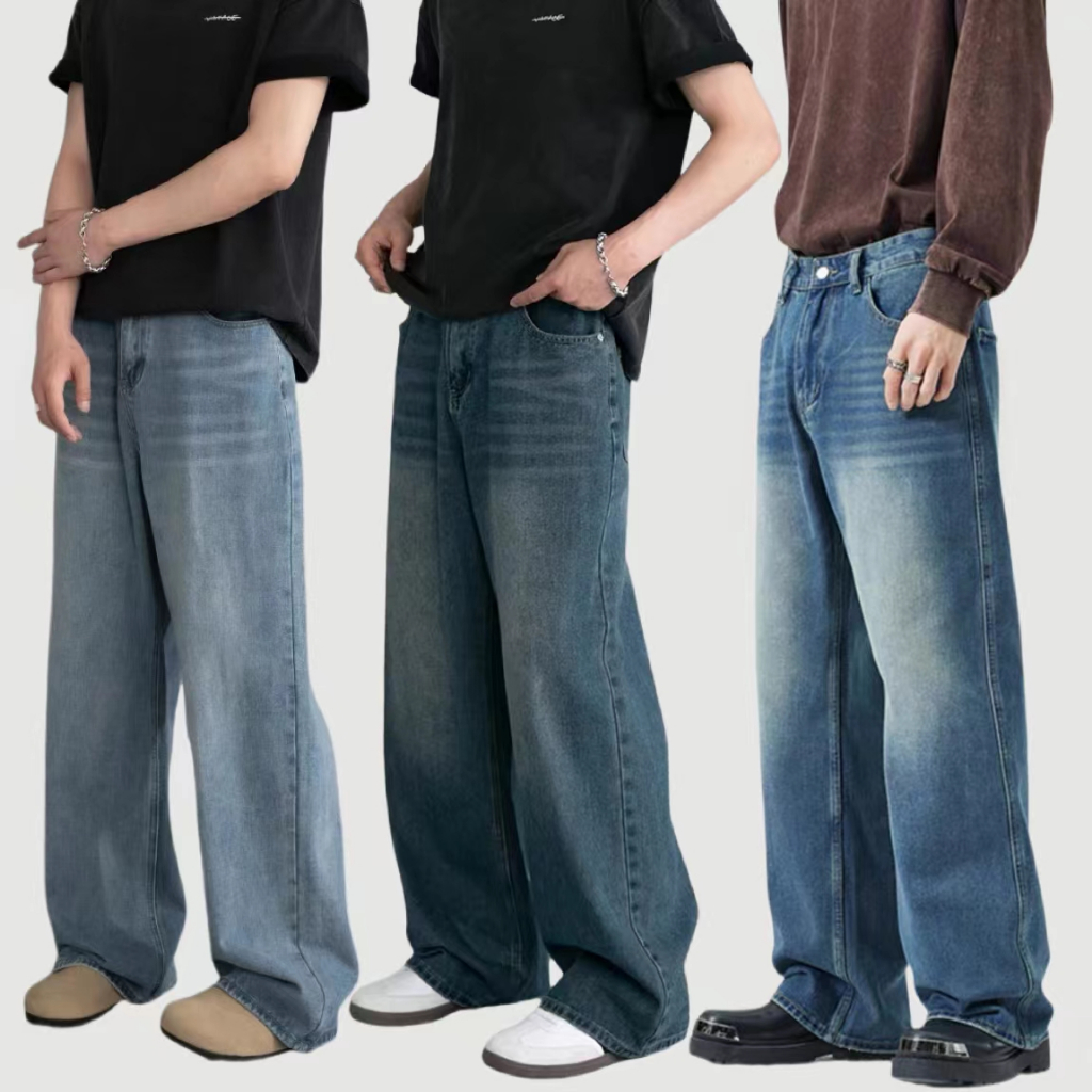 กางเกงยีนส์กระบอกใหญ่ กระบอกลิซ่า ยีนส์สนิมเขียวฟอก S-3XL