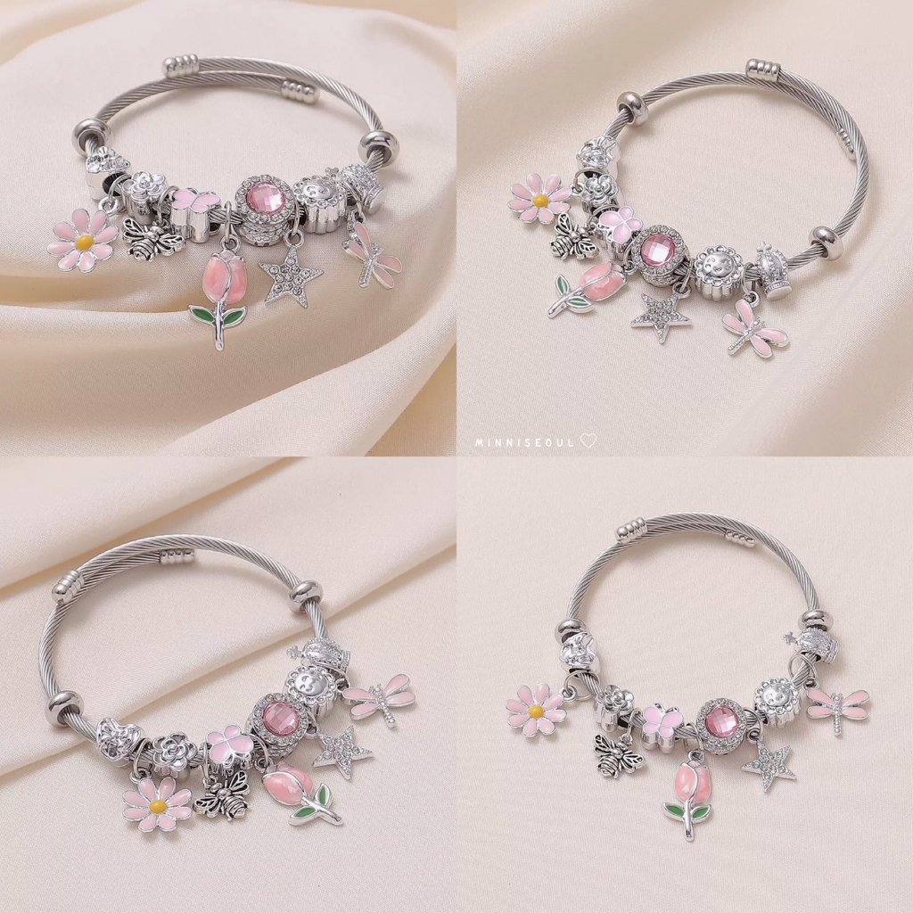 A83 กำไลข้อมือ BEAUTIFUL FLOWERS SILVER ปรับขนาดได้ ไม่ลอก ไม่ดำ จัดส่งทุกวัน