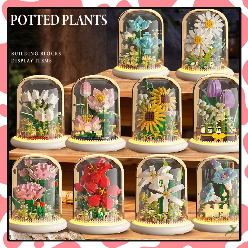 (พร้อมส่ง)ตัวต่อดอกไม้ มีไฟ ดอกไม้ตัวต่อ ตัวต่อ DIY ดอกทานตะวัน เดซี่ คาร์เนชั่น ของขวัญวันเกิด