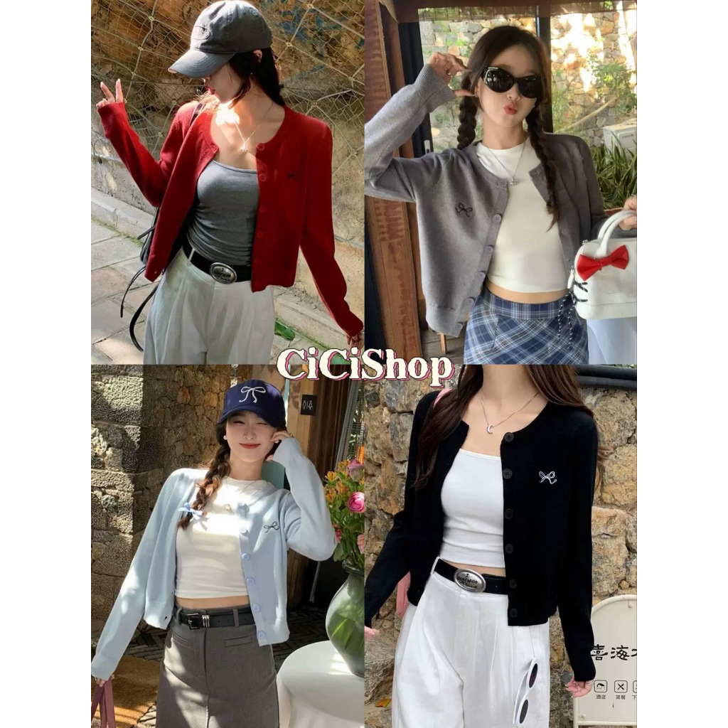 Cicishop(Z042)เสื้อคาร์ดิแกนไหมพรมแขนยาว กระดุมหน้า ปักโบว์แต่งหน้าอก สไตล์เกาหลีใส่คลุมสวยๆ