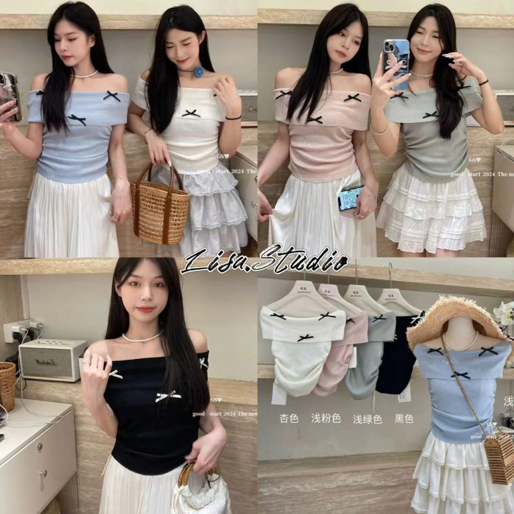 Lisa พร้อมส่ง เสื้อปาดไหล่เซ็กซี่ผู้หญิง แต่งโบว์ สีพื้น ผ้าไหมพรม น่ารัก เซ็กซี่ ชุดไปทะเล ทรงเข้ารูป สาวอวบใส่ได้