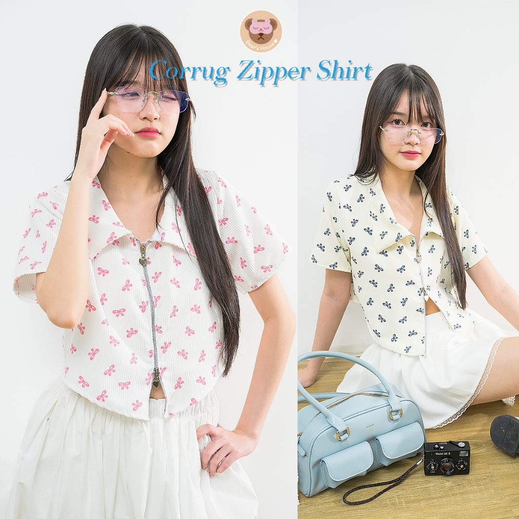 Corrug Zipper Shirt ซิปคอปกเเต่งซิปหัวใจ ผ้าลูกฟูกพิมพ์ลายโบว์