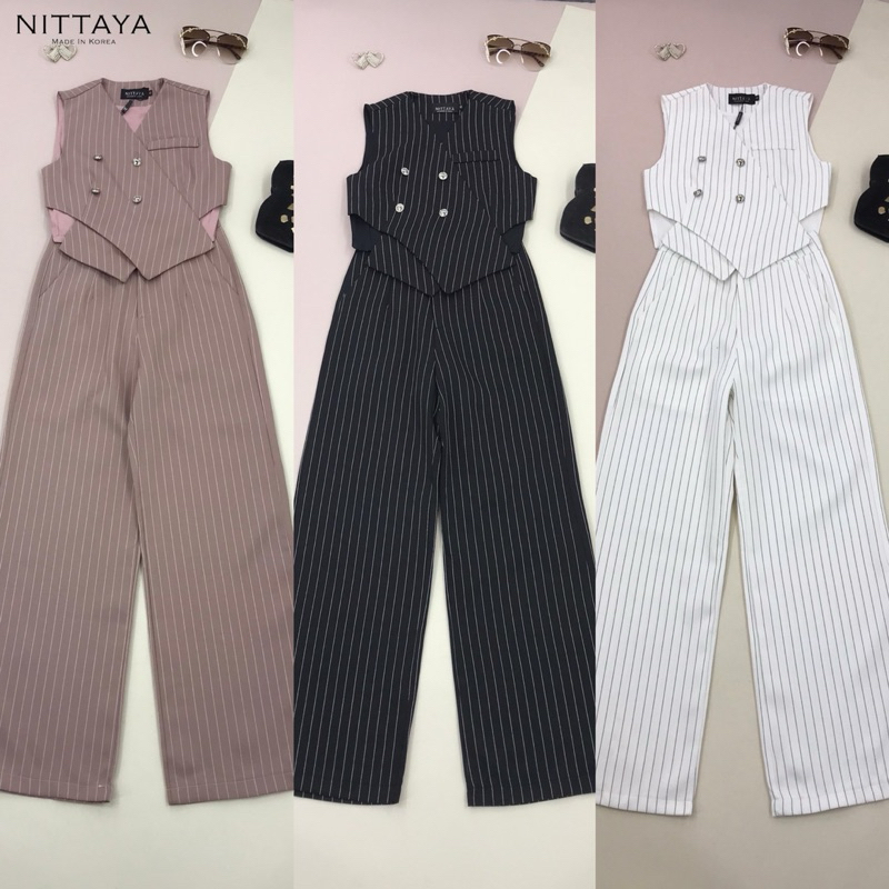 [NITTAYA] D2498 ชุดเซตเสื้อกั๊กแขนกุดลายทางกระดุมหน้าแมทช์กางเกงขายาว สวยจึ้ง ใส่เที่ยว ออกงาน คาเฟ่ ทำงาน