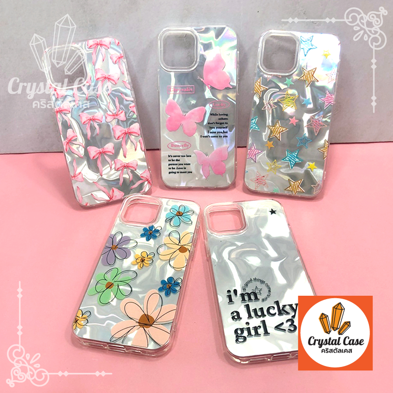 Oppo A79(5G) A3Pro A38(4G) A54(4G) A60(4G) A74(5G) A93(4G) เคสแบบแผ่นเกร็ดน้ำแข็งสีรุ้ง พิมพ์ลายดอกไม้ ดาว โบว์
