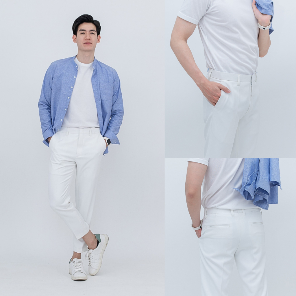 John Merry กางเกงสแล็คขายาว 9 ส่วน สีขาว ทรงกระบอกเล็ก ใส่สบาย ดูดีมีสไตล์ เหมาะสำหรับทั้งการทำงานแล