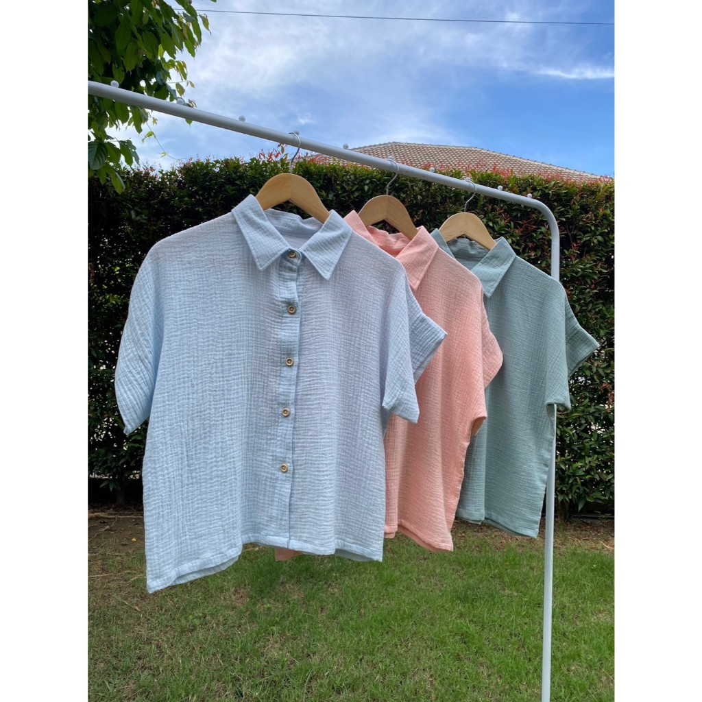 เสื้อเชิ้ตสาลูอัดย่นแขนสั้น LassieSunday เสื้อเชิ้ตแขนสั้นไม่ต้องรีด