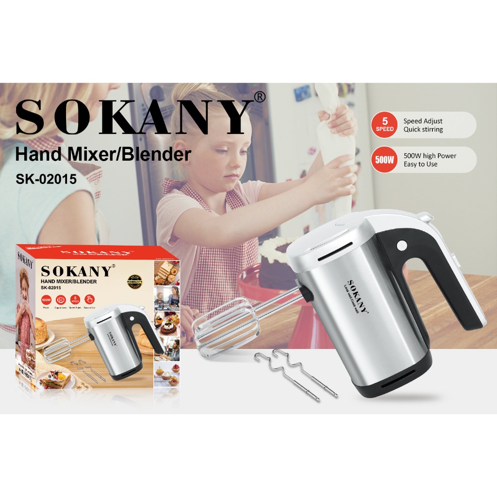 SOKANY 500W เหล็กกล้าไร้สนิม เครื่องผสมอาหาร เครื่องตีไข่ เครื่องตีไข่ไฟฟ้า 5 ปรับความเร็ว คุณภาพสูง