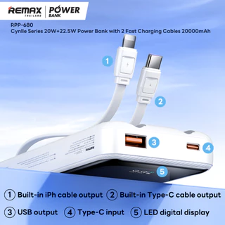 【New! CCC Certified】 Remax Power Bank RPP-680 20000mAh แบตสำรอง สายชาร์จในตัว Type-C / L ชาร์จไว มอก. ประกันศูนย์ไทย