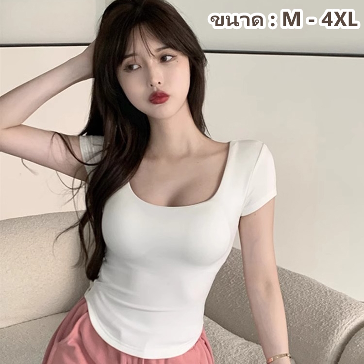 เสื้อยืดผู้หญิง เสื้อยืดคอยู สีทึบ เซ็กซี่ แขนสั้น ผิดปกติ ท็อปส์ซูผ้าฝ้าย แสดงผอม เสื้อยืดสาวอวบ เสื้อโอเวอร์ไซส์ M-4XL