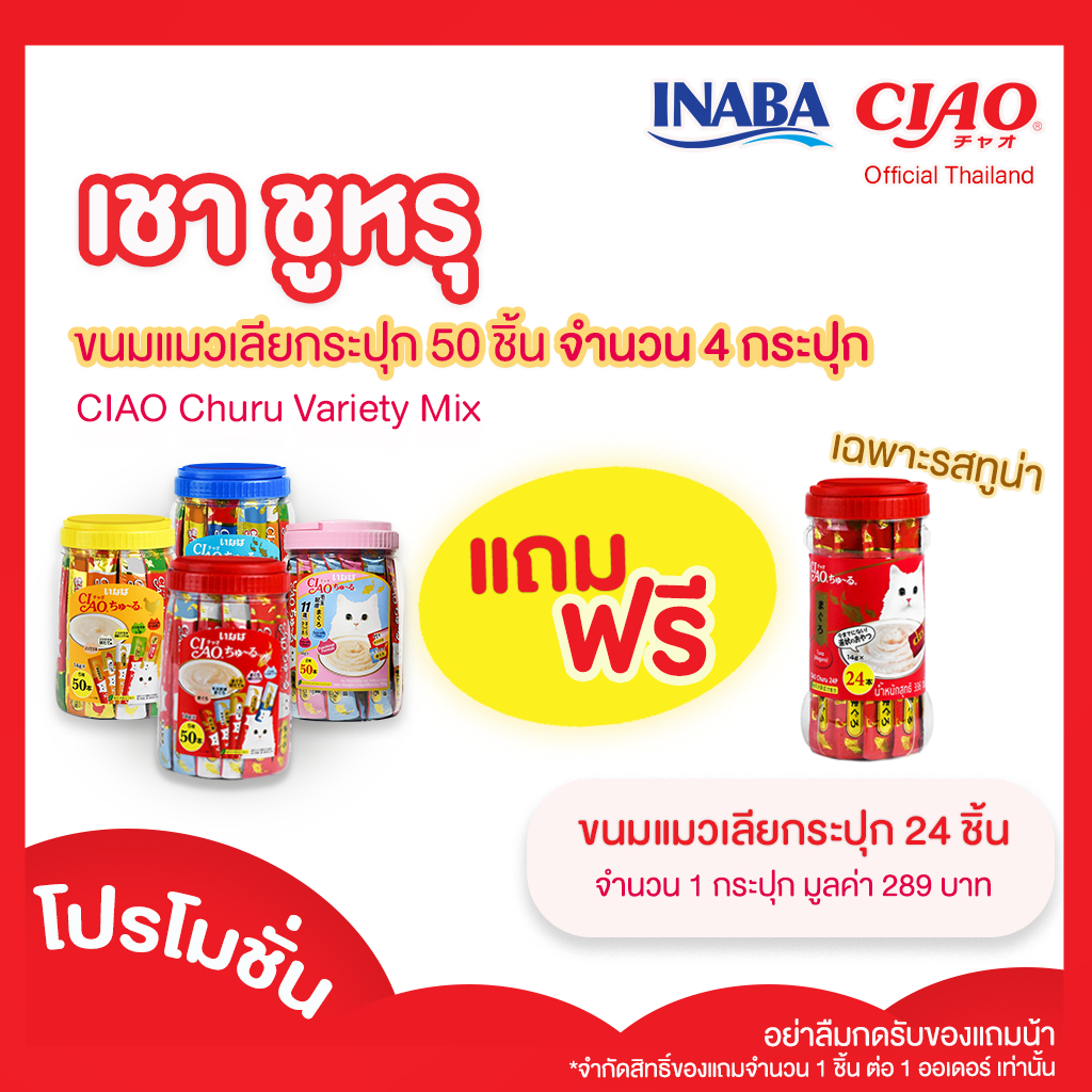 [4 กระปุก]แถมฟรี 24 ชิ้น กดรับด้วยนะคะ CIAO Chu-ru ขนมแมวเลีย รสผสม 50 ซอง จำนวน 4 กระปุก (TSC-11T/12T/13T/14T)