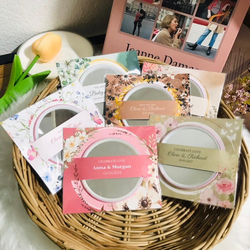 ♥️WD ของชำร่วยกระจก แผ่นรอง 50 ชิ้น ใส่ชื่อบ่าวสาว เพิ่มเติมข้อความได้ แถมฟรีถุงใส