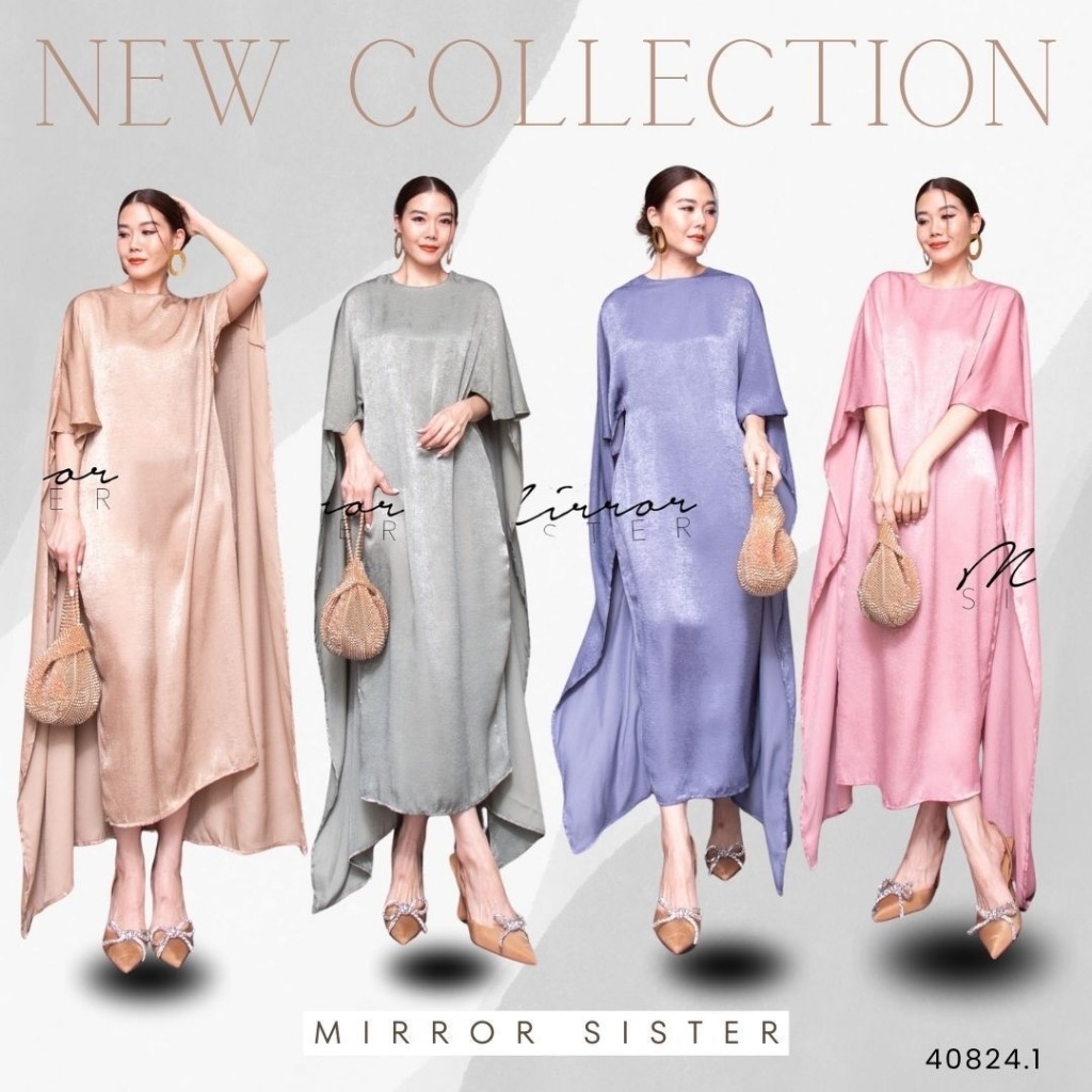 🔖Mirrorsister 40824.1 เดรสออกงาน ทรงสวยแขนสั้น ช่วงตัวทรงหลวม แต่งปีกคลุมปล่อยยาวพริ้วๆ สวยทุกสี