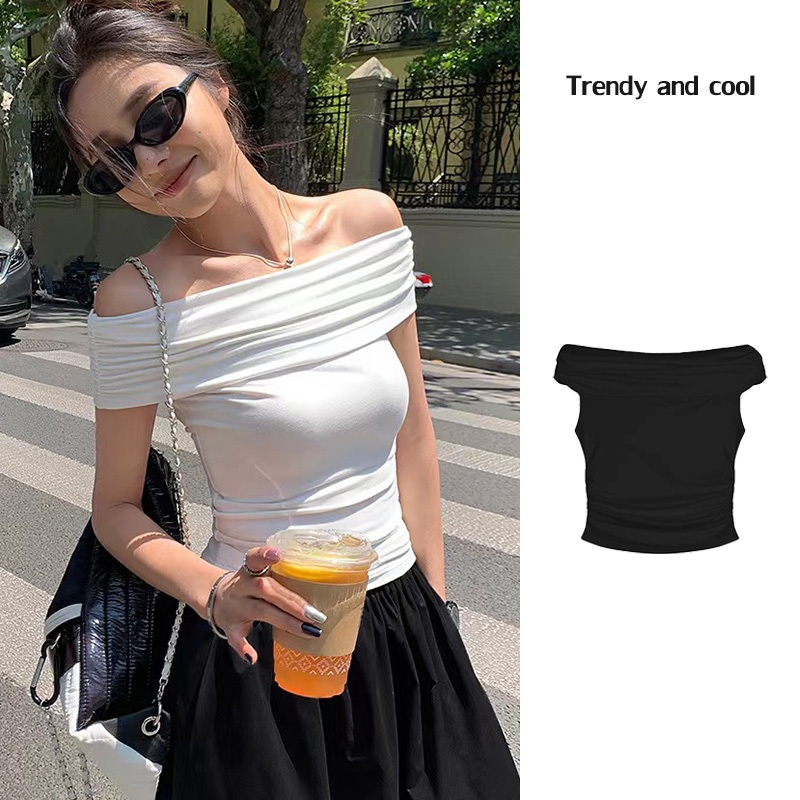 พร้อมส่งจากกทม Sexy เสื้อยืดแขนสั้นไหล่เดียวผู้หญิง เสื้อครอป แฟชั่นเกาหลีย้อนยุค ทรงเข้ารูป #F010（สีขาว/สีดำ）