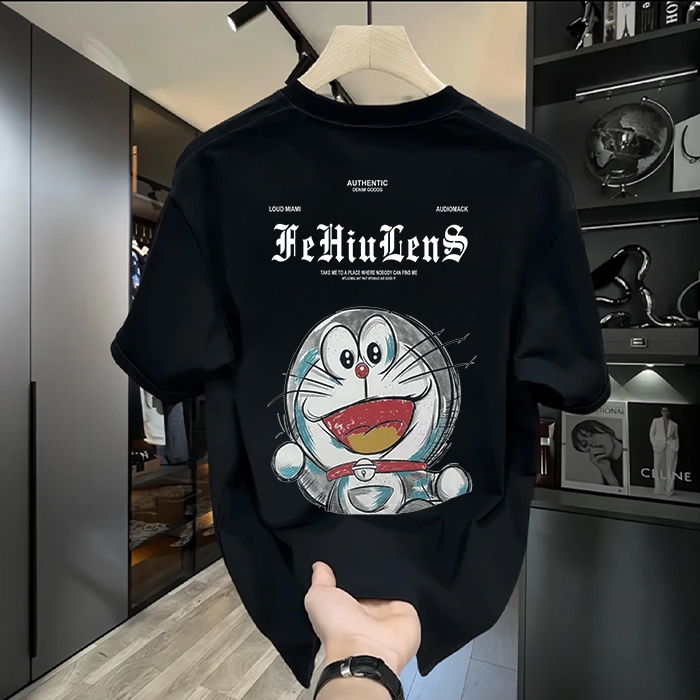 Y-T เสื้อยืดโอเวอร์ไซส์ สวมใส่สบาย เสื้อยืดผู้ชาย ไม่จำกัดเพศ ผ้าฝ้าย 100% คอกลม คุณภาพสูง ลาย "โดราเอมอน"