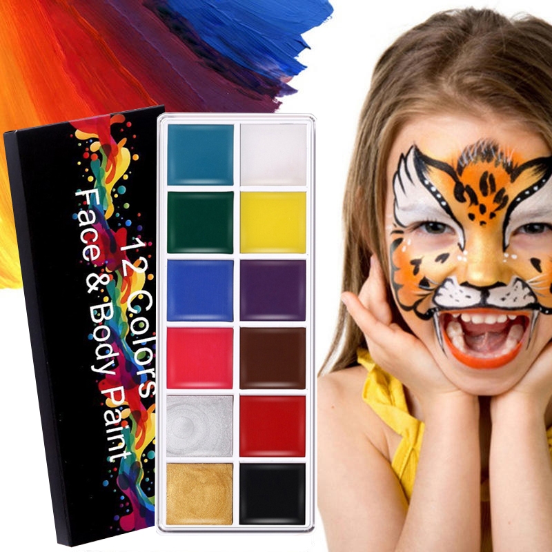 ชุดสีเพ้นหน้า,สีแต่งหน้า ภาพวาดสำหรับเด็กและผู้ใหญ่ 12 แฟลชสีสีทาใบหน้าร่างกายชุดภาพวาดสีน้ำมันพาเลทสำหรับแต่งหน้า