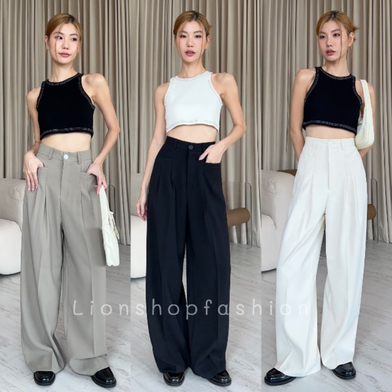 กางเกงขากระบอก เอวสูง กระเป๋าปืน (FN001) ติดกระดุมหน้าซิปหน้า เนื้อผ้า Lilly Premium เรียบหรูดูแพงเก็บทรงสวย