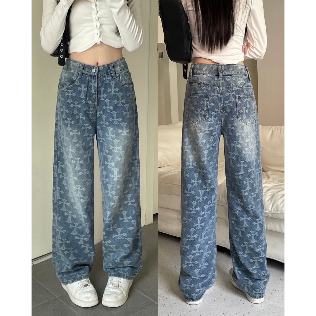 5019-Size XS-8XL กางเกงยีนส์ขายาวเอวสูงทรงกระบอก ผ้าไม่ยึดแต่งลายปักทั้งตัว งานสวยใส่สบายสไตล์วินเทจ