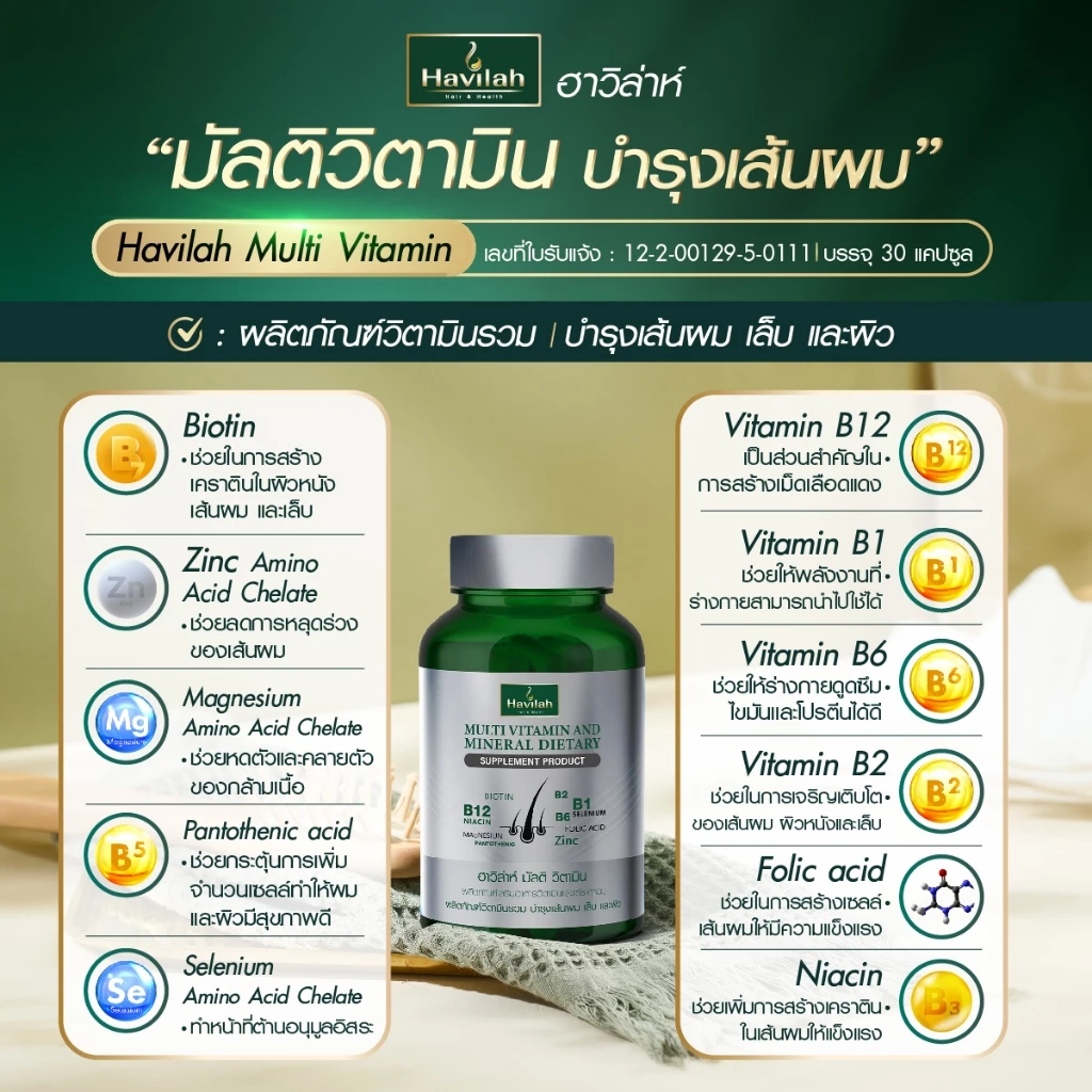 ฮาวิล่าห์ (Havilah) มัลติวิตามิน วิตามินผมร่วง วิตามินรวม วิตามินผม บำรุงเส้นผม เล็บ และผิว (1 กระปุก 30 แคปซูล) thumbnail 5