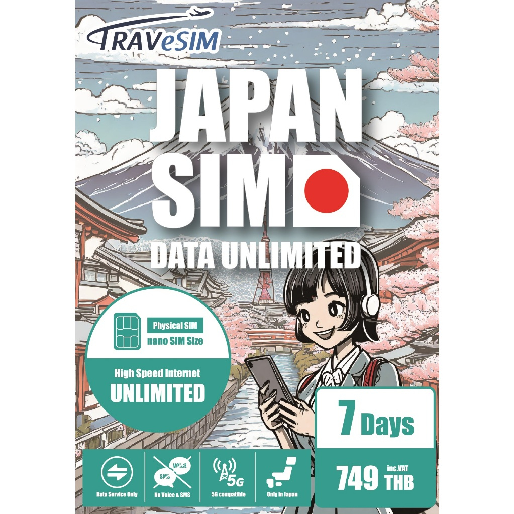 Nihon SIM Japan Unlimited SIM ซิมญี่ปุ่นเน็ตไม่จำกัด 5G Max Speed ไม่จำกัดปริมาณใช้งานต่อวัน:7 Days