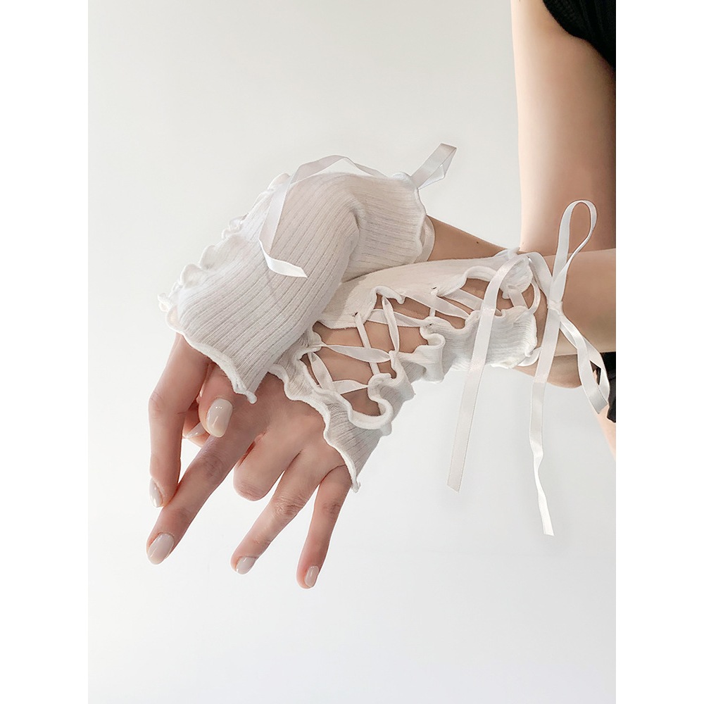ถุงมือตาข่ายสั้นโลลิต้ามีสายรัด