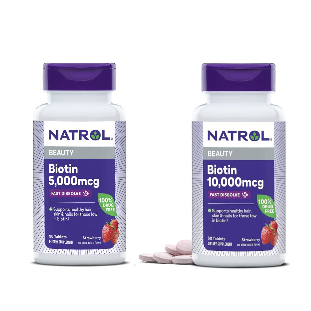 Natrol Biotin Maximum Strength Strawberry 5,000 - 10,000 mcg 60-90 Tablets