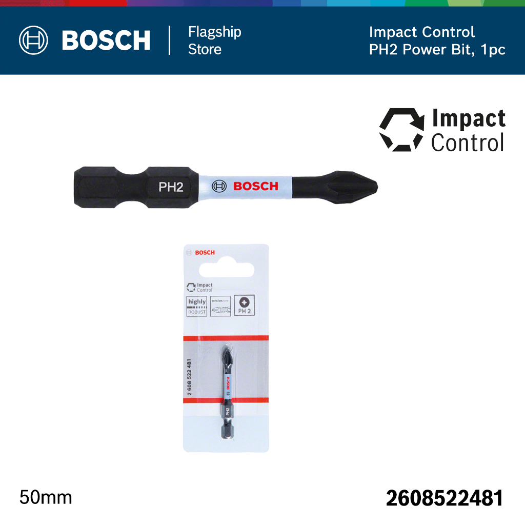 BOSCH ดอกไขควง สีดำ Impact Control PH2 Power Bit, 1 Pcs. NEW!!!