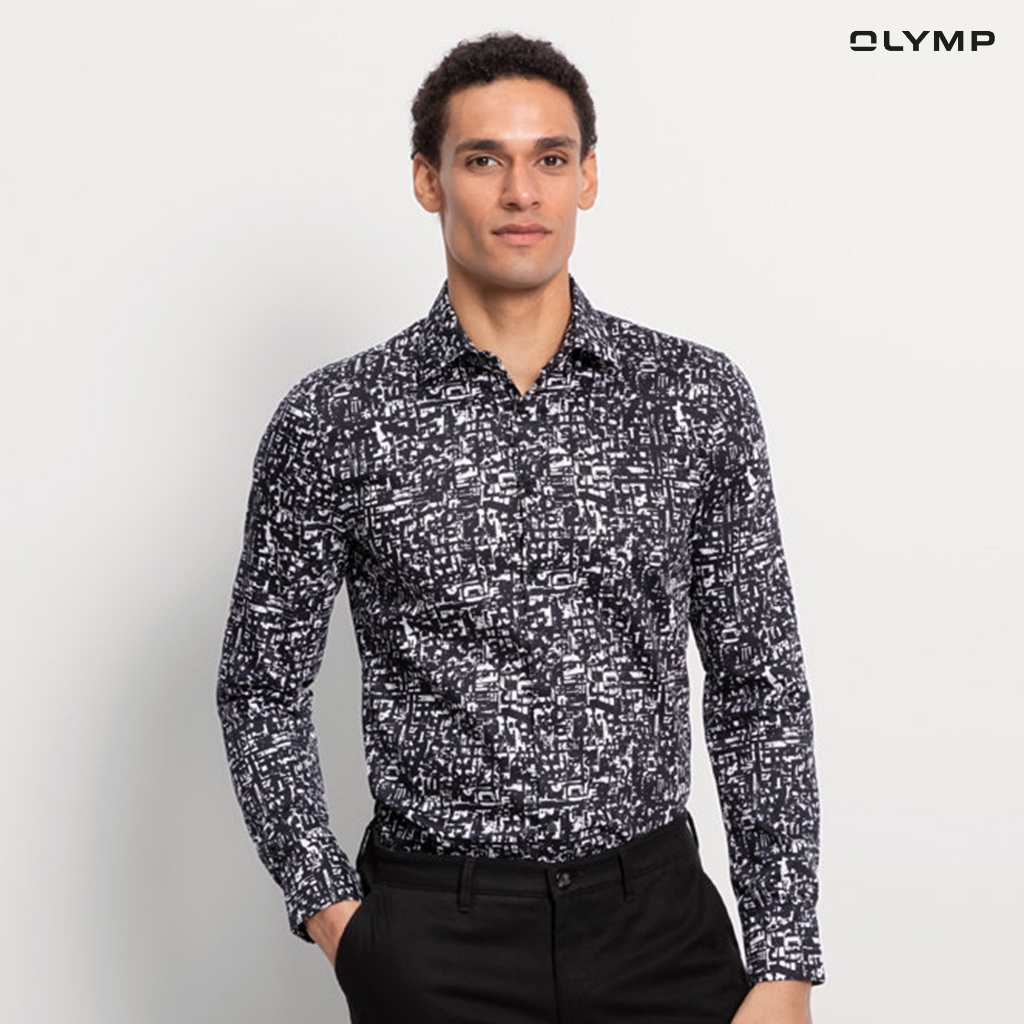OLYMP No.Six Shirt เสื้อเชิ้ตผู้ชายแขนยาว  สีดำพิมพ์ลาย กราฟิก ทรงเข้ารูป ยืดหยุ่น รีดง่าย  AUTU24
