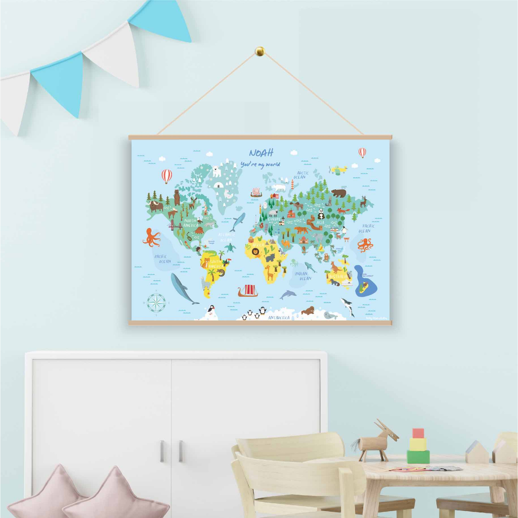 Baby Blue Whales โปสเตอร์เด็ก แผนที่โลก ใส่ชื่อได้ / Personalized World Map Poster [Pre-Order รอสินค้า 7-14 วัน]