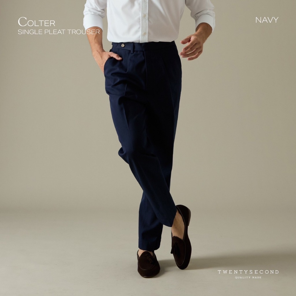 TWENTYSECOND กางเกงขายาว ผ้าคอตต้อน ทรงเอวสูง กระบอกตรง รุ่น Colter single pleat trouser - กรม / Navy